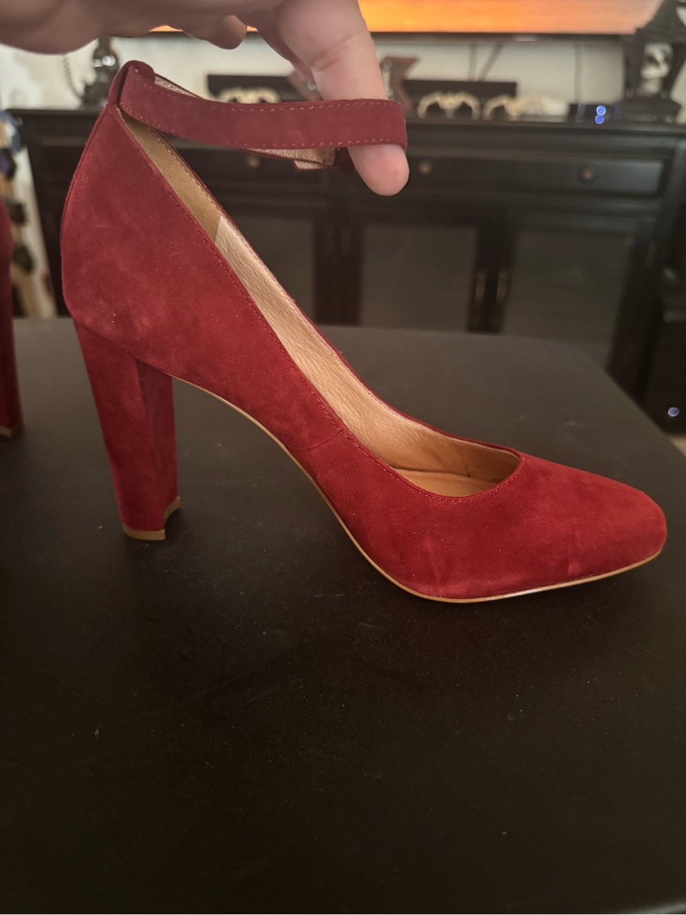 Madewell Burgundy Suede Ankle-Strap Block Heel Pump